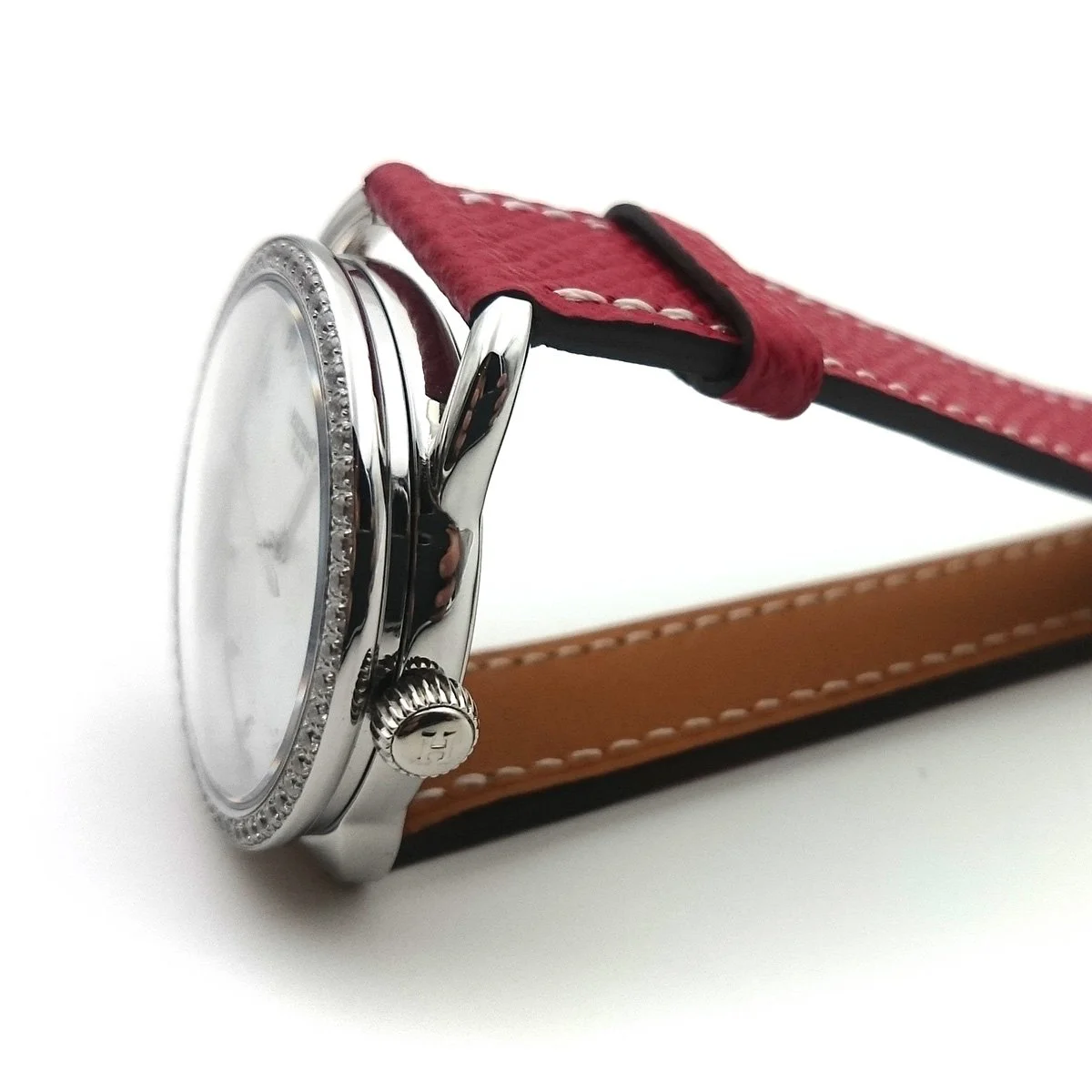 Arceau Steel with Diamond Bezel on Red Epsom Leather Strap