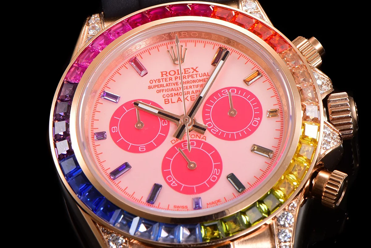 Blaken Daytona Pink Dial with Rainbow Diamond Bezel in Rose Gold on Rubber Strap
