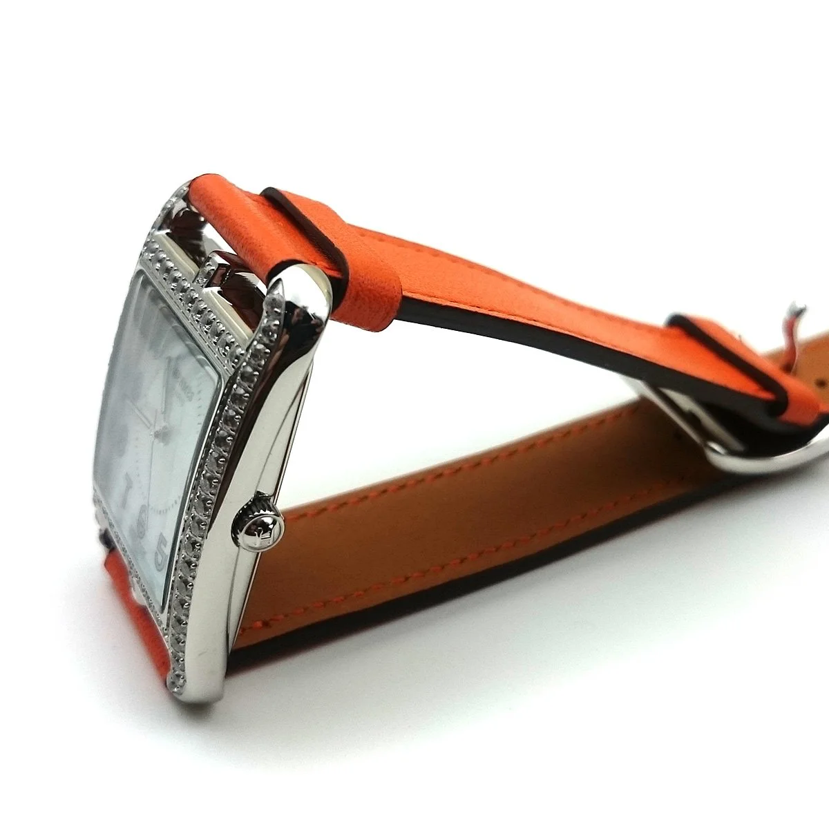 Cape Cod Steel with Diamond Bezel on Orange Fjord Leather Strap