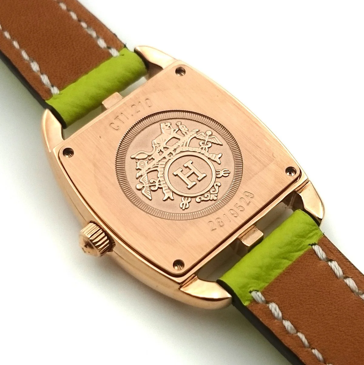 Cape Cod Tonneau Rose Gold on Green Epsom Leather Strap