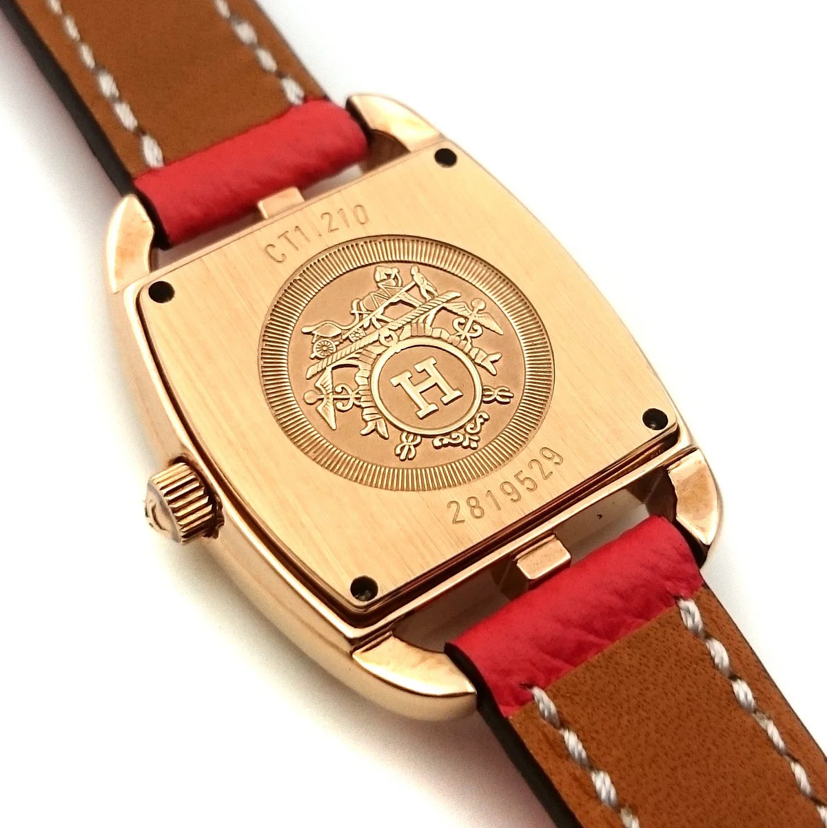 Cape Cod Tonneau Rose Gold on Vermilion Epsom Leather Strap