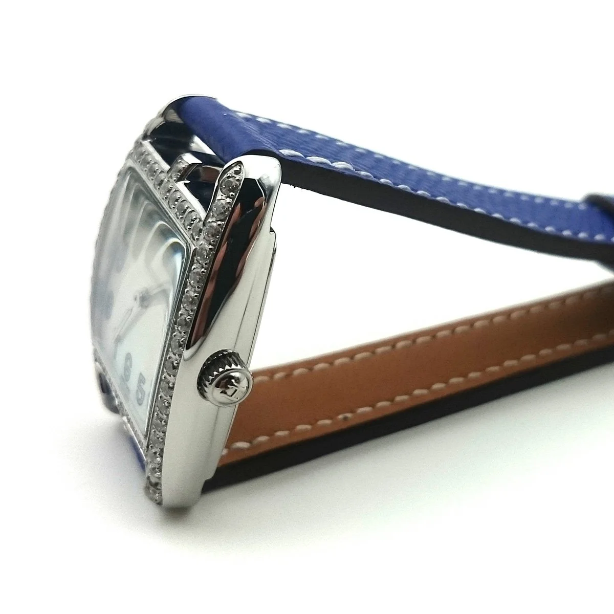 Cape Cod Tonneau Steel with Diamond Bezel on Blue Epsom Leather Strap