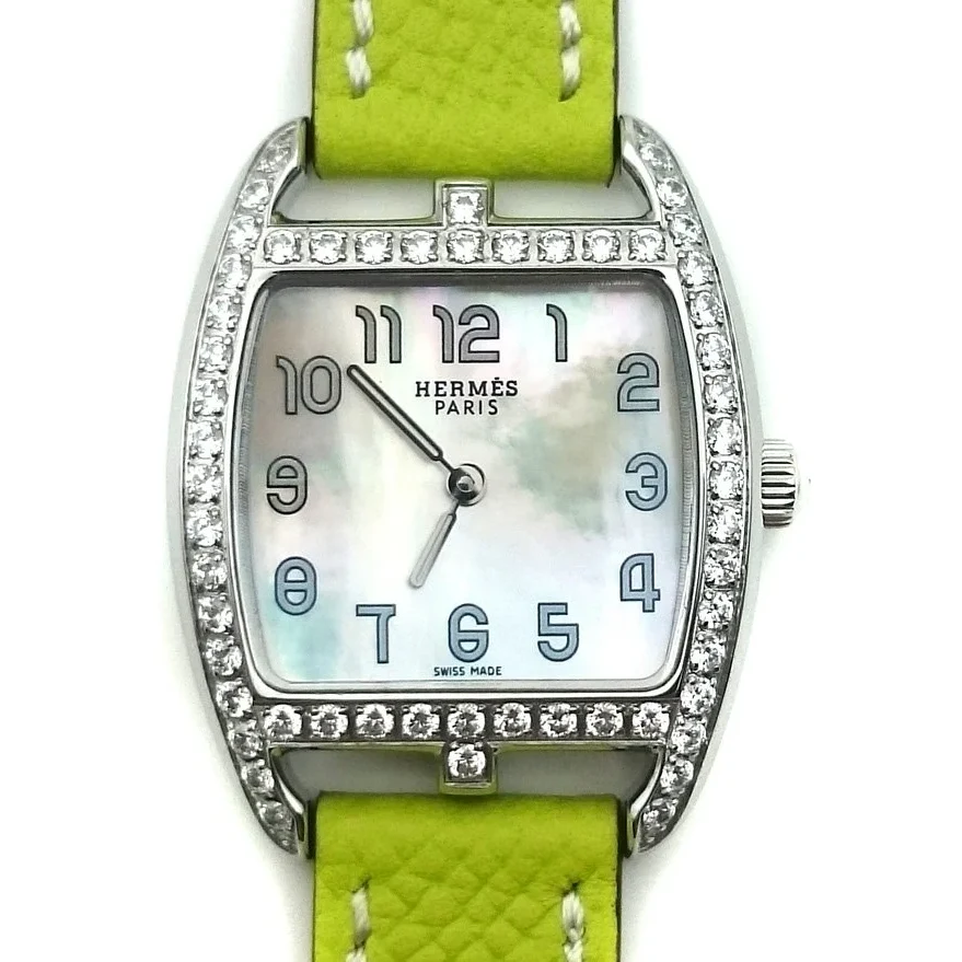 Cape Cod Tonneau Steel with Diamond Bezel on Green Epsom Leather Strap