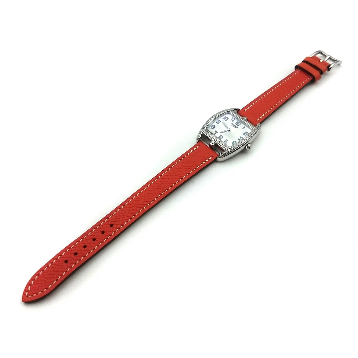 Cape Cod Tonneau Steel with Diamond Bezel on Orange Epsom Leather Strap