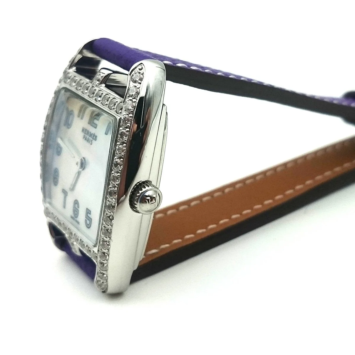 Cape Cod Tonneau Steel with Diamond Bezel on Purple Epsom Leather Strap
