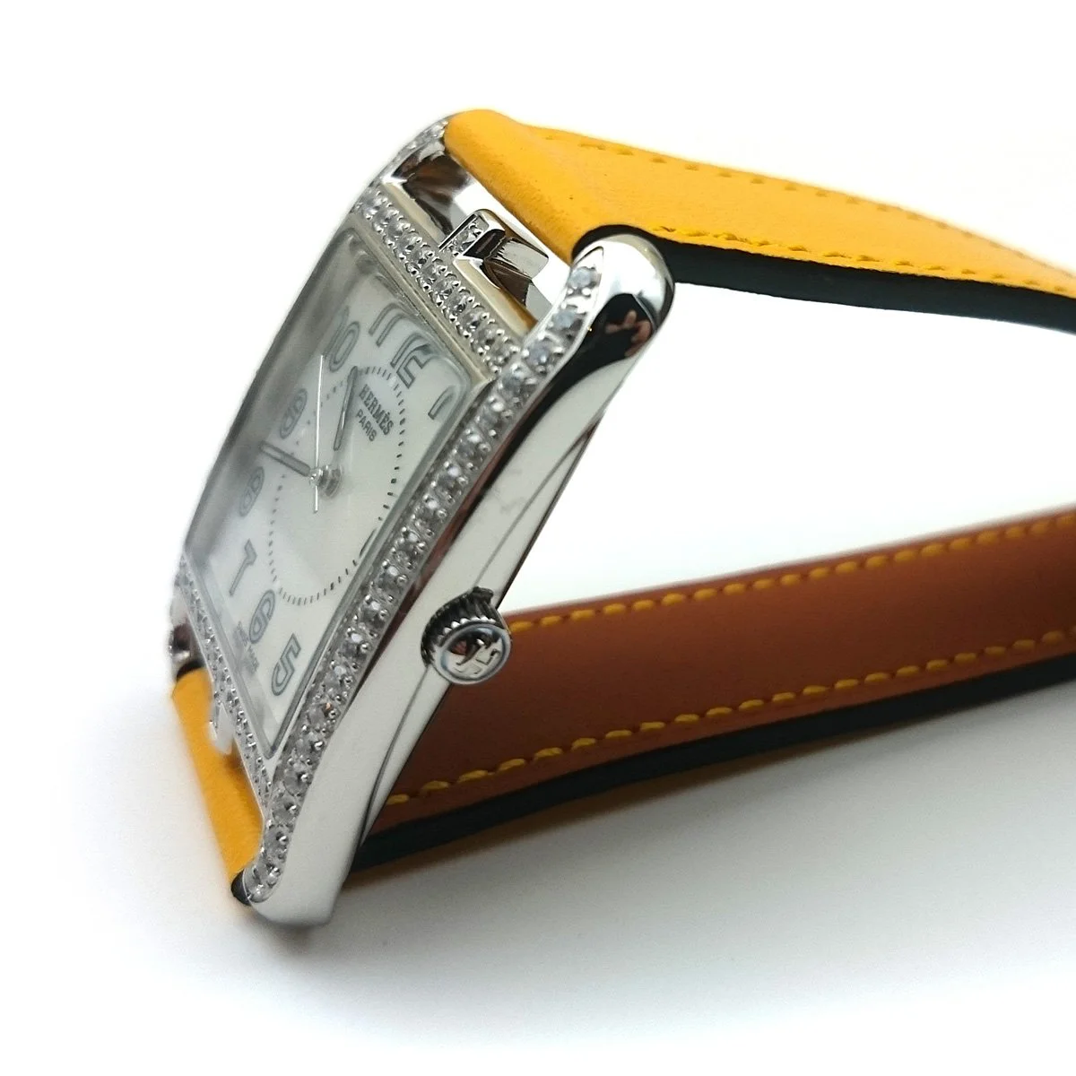 Cape Cod Tonneau Steel with Diamond Bezel on Yellow Fjord Leather Strap