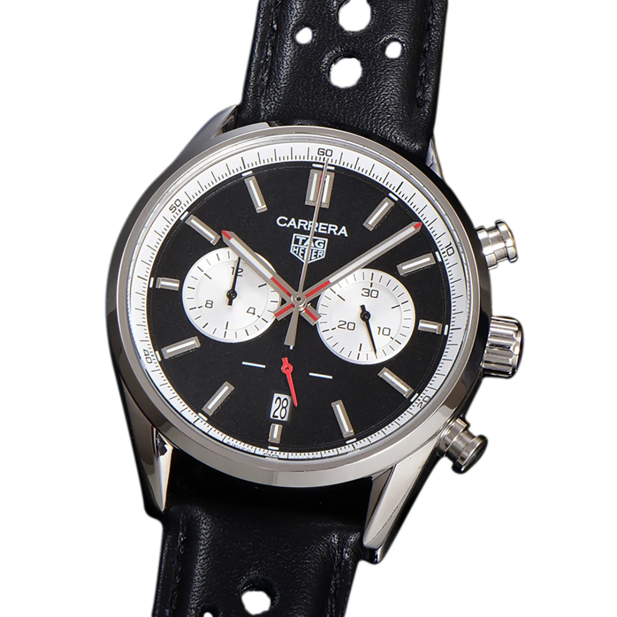 Carrera Chronograph 43 Black Dial on Leather Strap