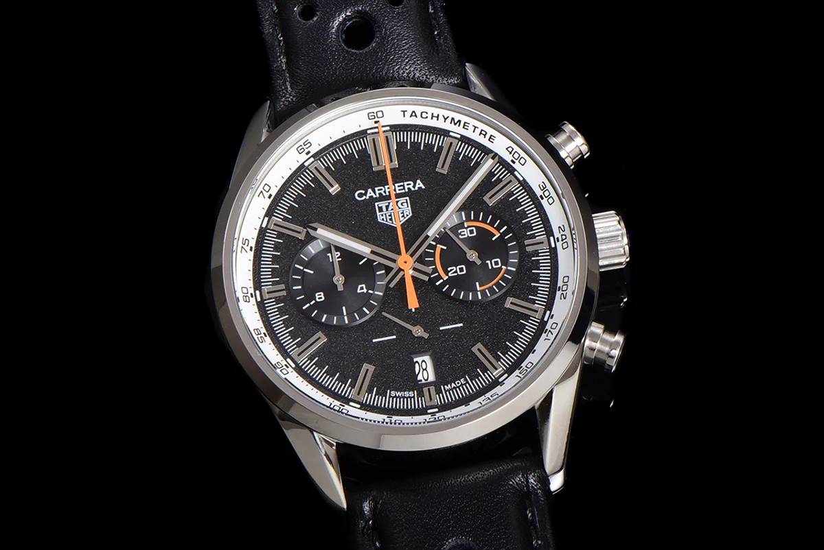 Carrera Chronograph 43 Black Dial on Leather Strap