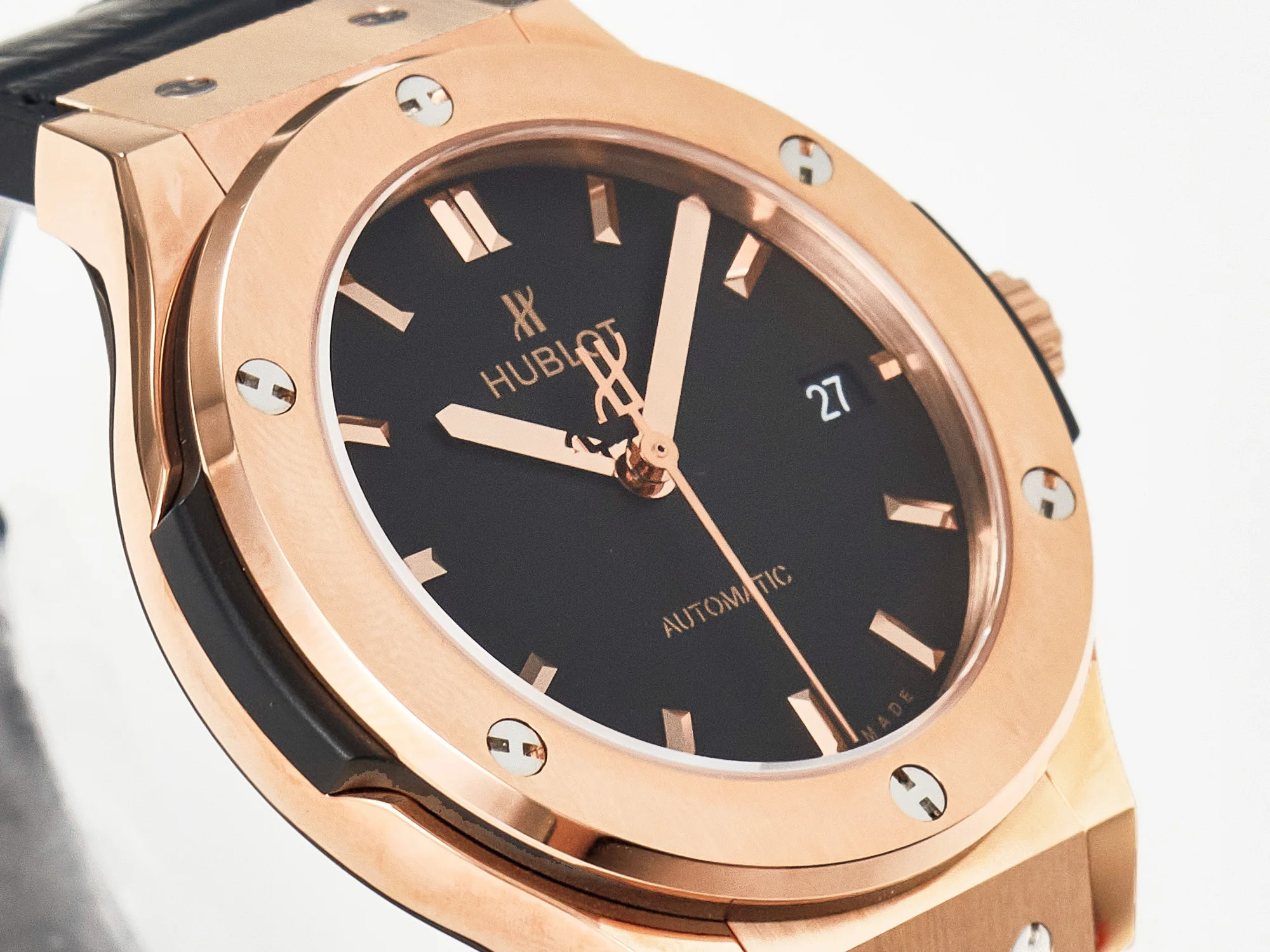 Classic Fusion 38mm RG JJF 1:1 Best Edition Black Dial on Black Gummy Leather Strap