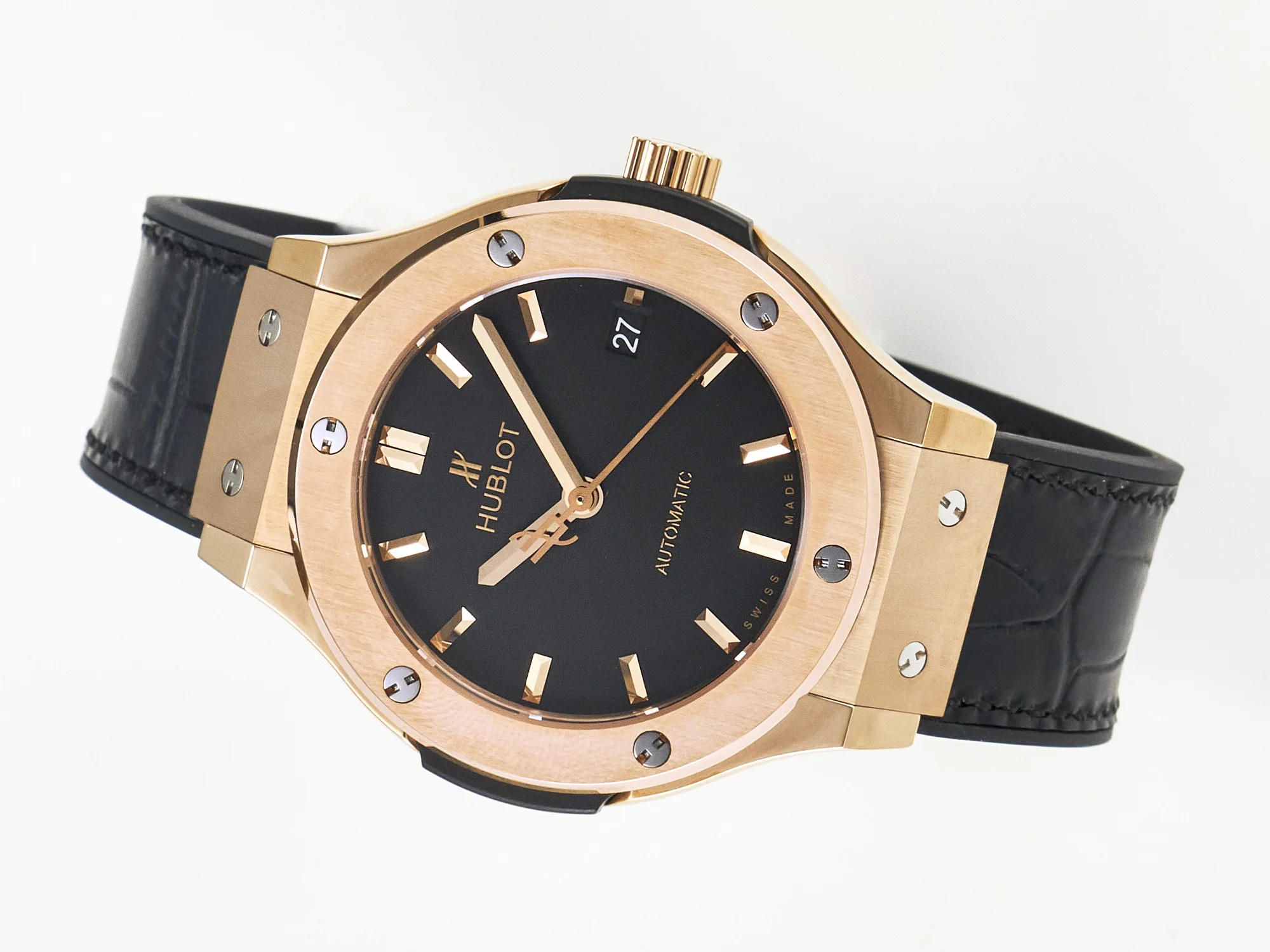 Classic Fusion 38mm RG JJF 1:1 Best Edition Black Dial on Black Gummy Leather Strap