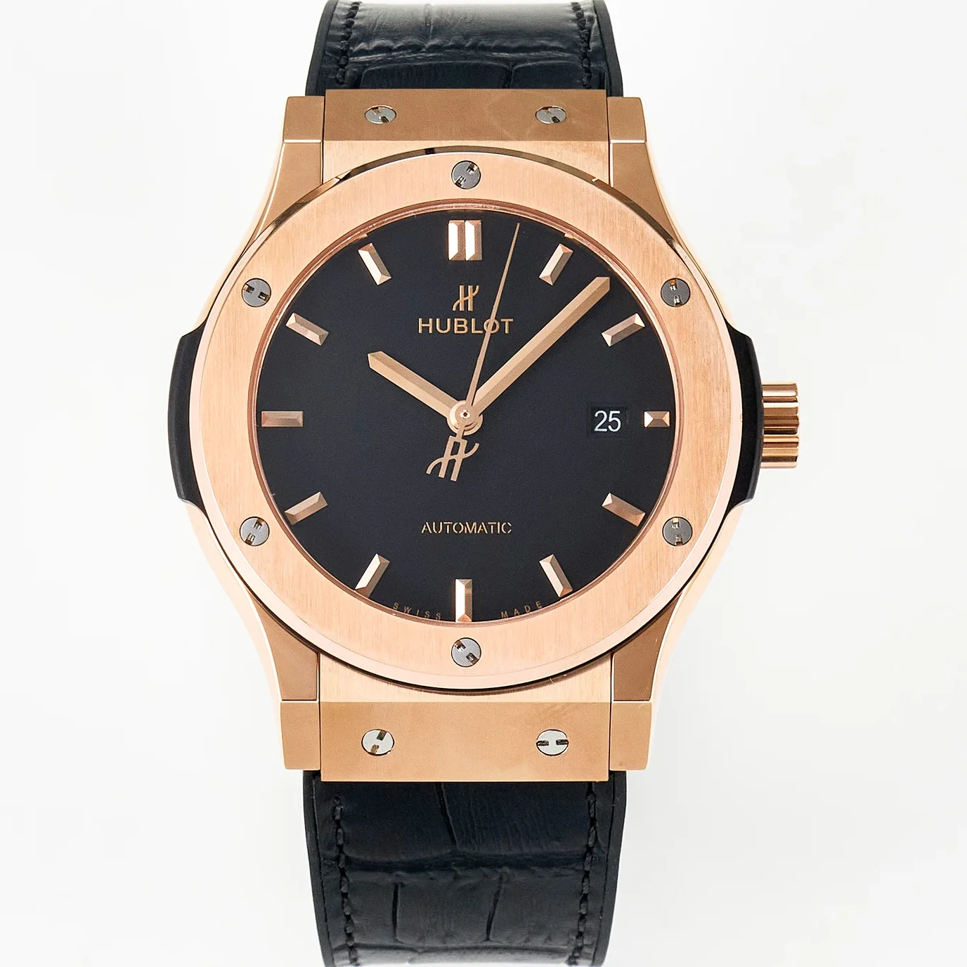 Classic Fusion 42mm RG JJF 1:1 Best Edition Black Dial on Black Gummy Leather Strap