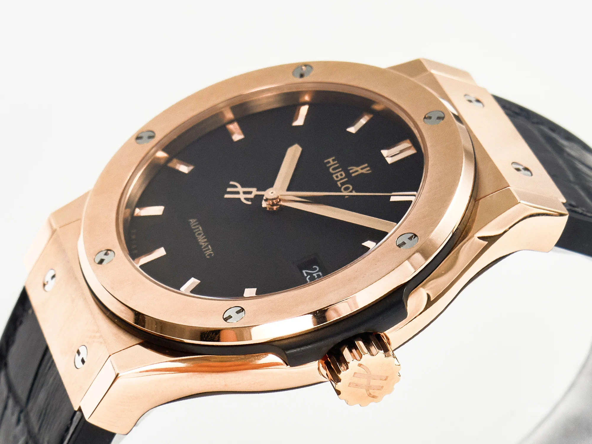 Classic Fusion 42mm RG JJF 1:1 Best Edition Black Dial on Black Gummy Leather Strap
