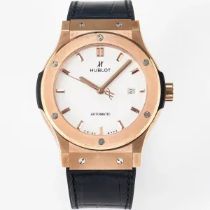 Classic Fusion 42mm RG JJF 1:1 Best Edition White Dial on Black Gummy Leather Strap