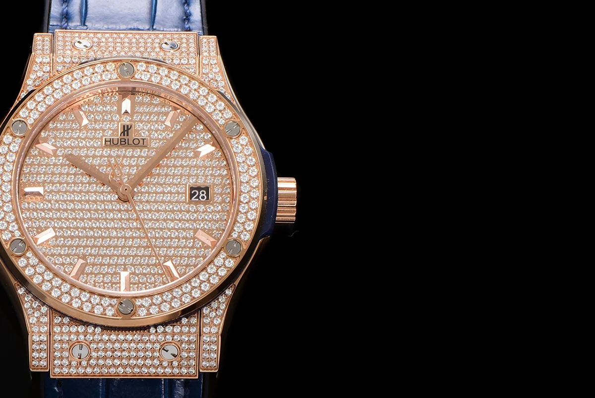 Classic Fusion Automatic 42mm Diamond Paved Dial in Rose Gold on Blue Leather Strap