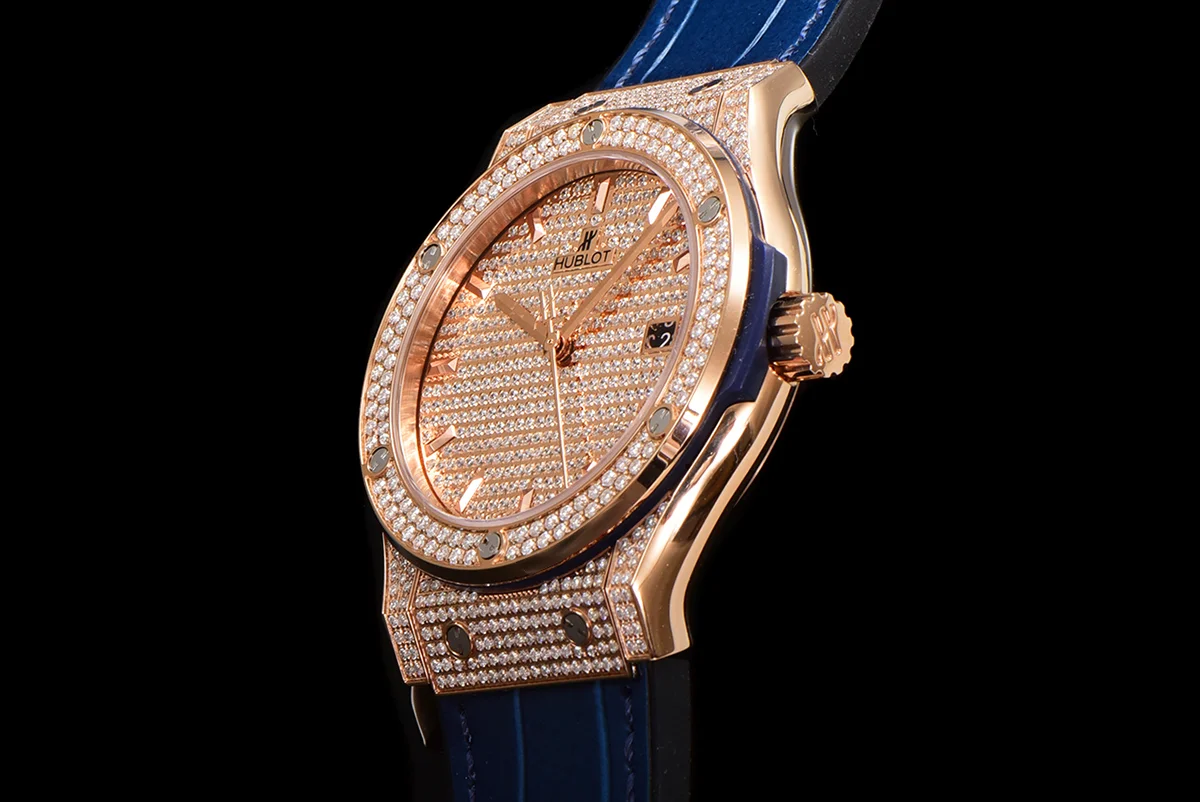 Classic Fusion Automatic 42mm Diamond Paved Dial in Rose Gold on Blue Leather Strap
