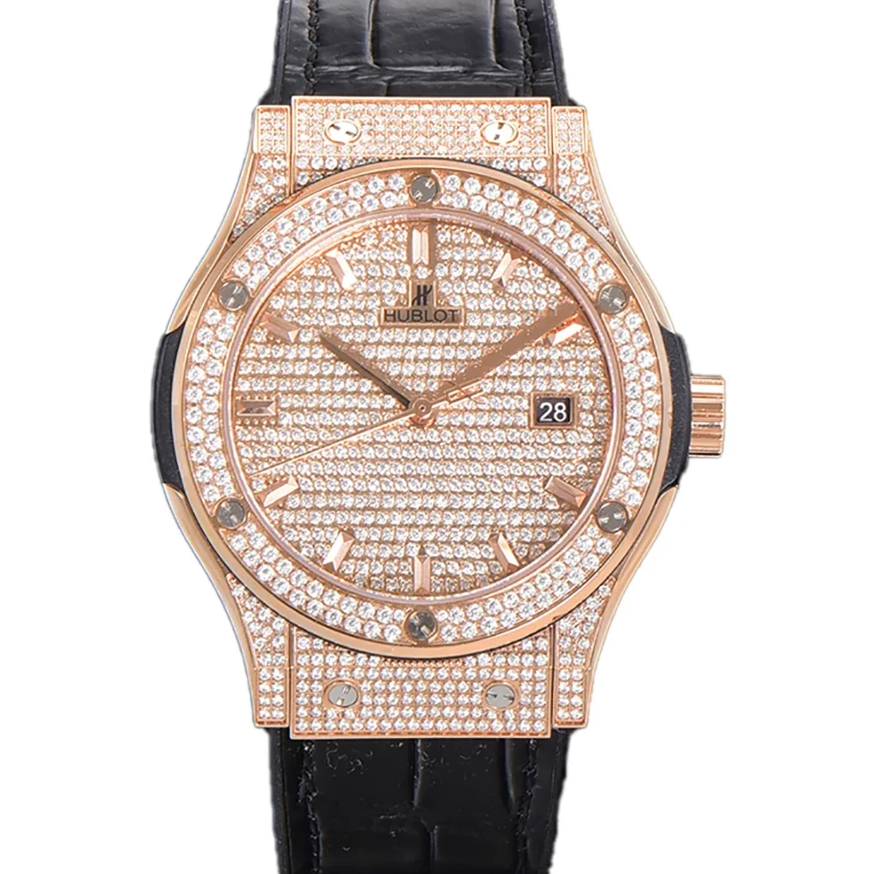 Classic Fusion Automatic 42mm Diamond Paved Dial in Rose Gold on Brown Leather Strap