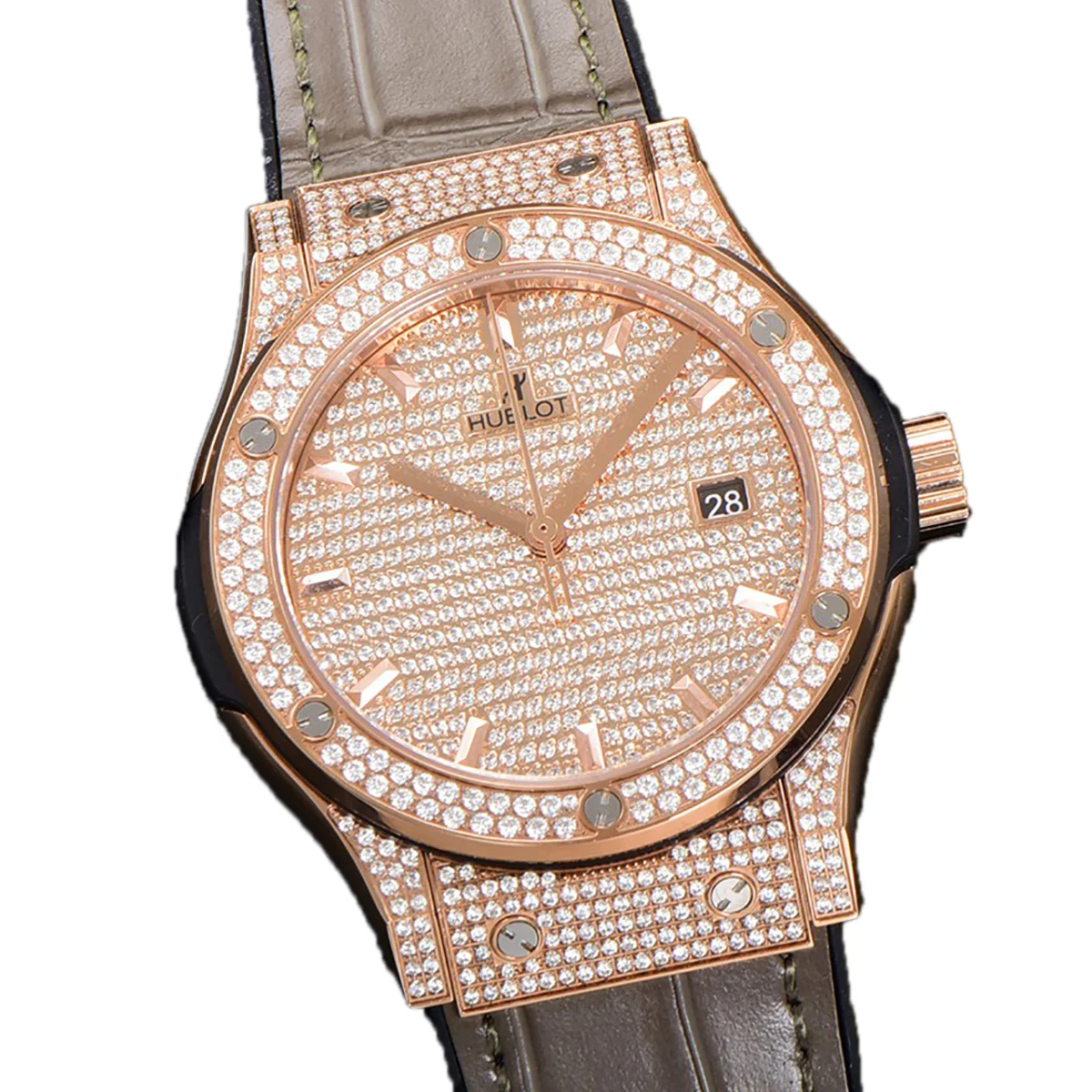 Classic Fusion Automatic 42mm Diamond Paved Dial in Rose Gold on Brown Leather Strap