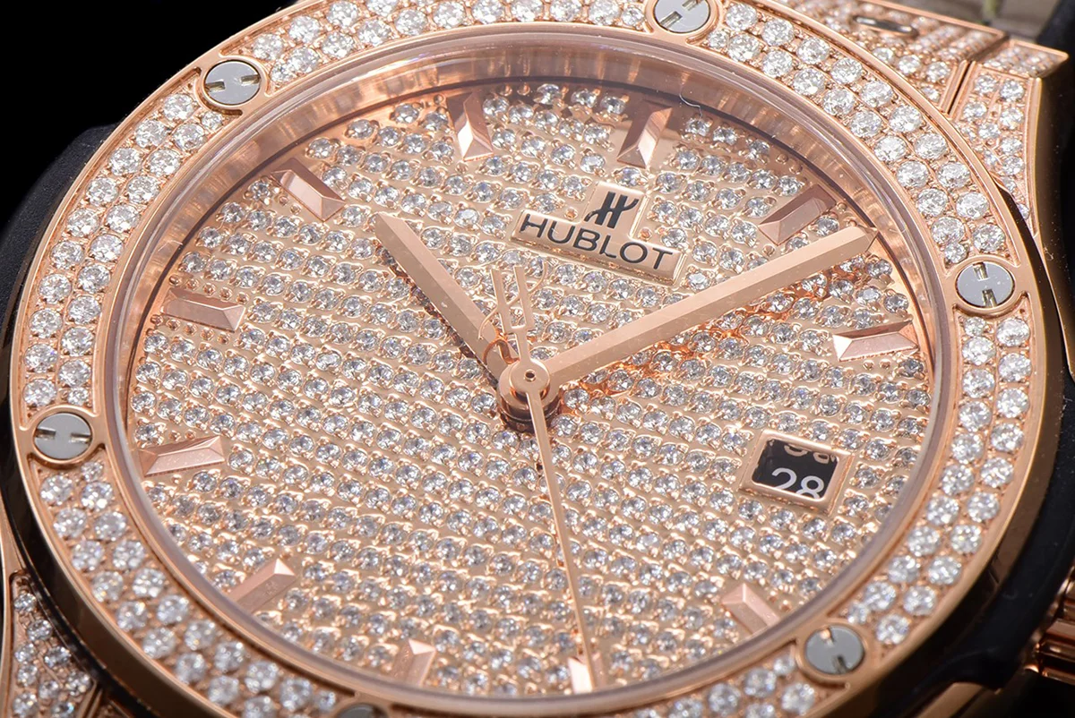 Classic Fusion Automatic 42mm Diamond Paved Dial in Rose Gold on Brown Leather Strap