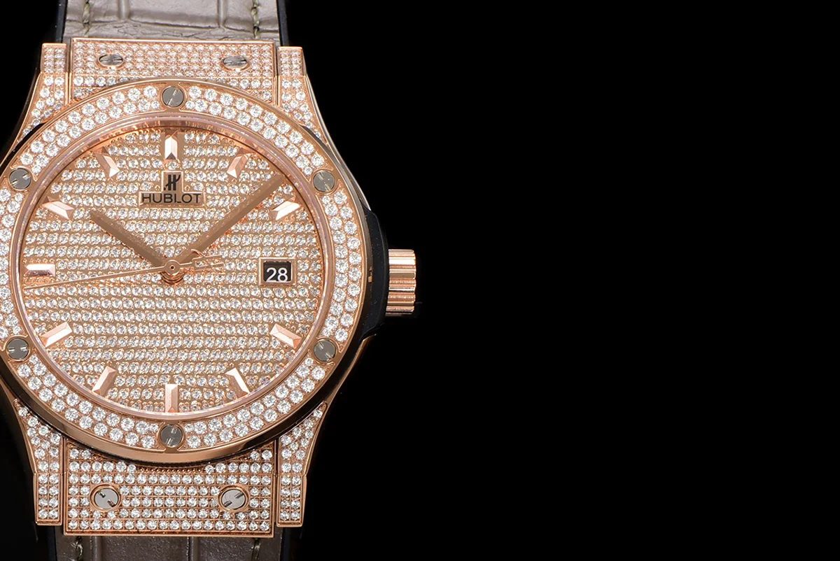 Classic Fusion Automatic 42mm Diamond Paved Dial in Rose Gold on Brown Leather Strap