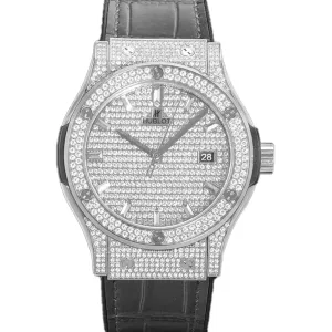Classic Fusion Automatic 42mm Diamond Paved Dial in Steel on Black Leather Strap