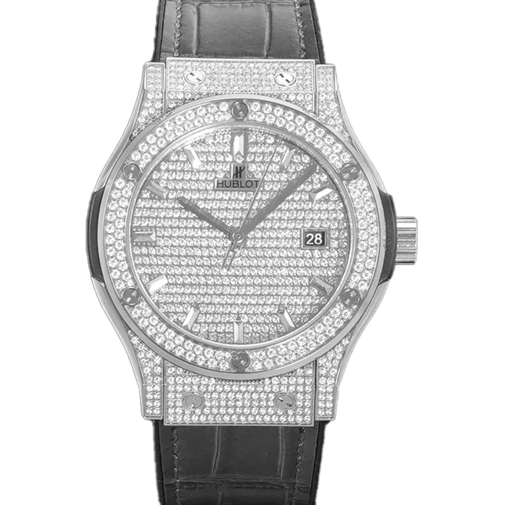 Classic Fusion Automatic 42mm Diamond Paved Dial in Steel on Black Leather Strap