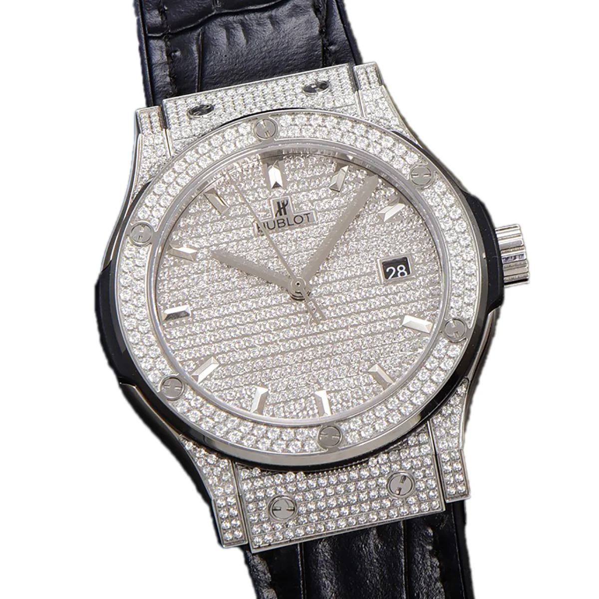 Classic Fusion Automatic 42mm Diamond Paved Dial in Steel on Black Leather Strap
