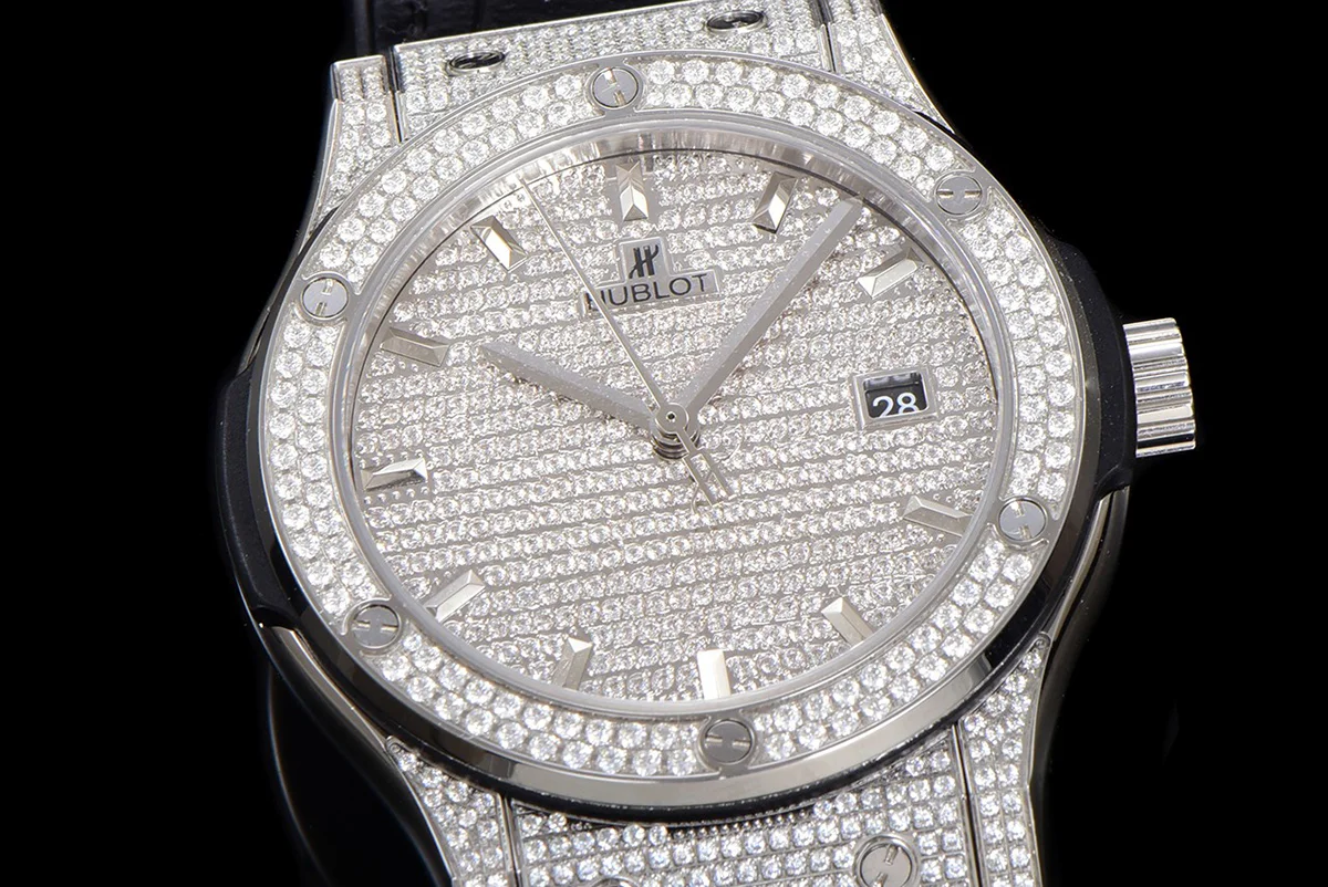 Classic Fusion Automatic 42mm Diamond Paved Dial in Steel on Black Leather Strap