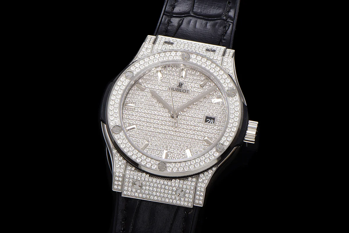 Classic Fusion Automatic 42mm Diamond Paved Dial in Steel on Black Leather Strap