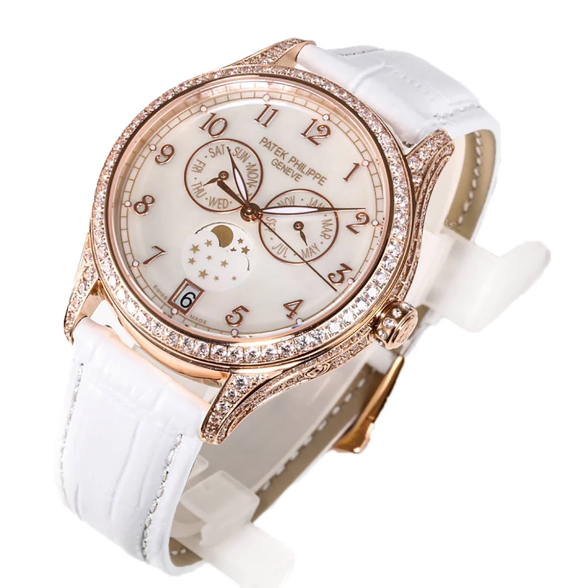 Complications 4948G Annual Calendar Moonphase MOP Dial in White Pink on Leather Strap