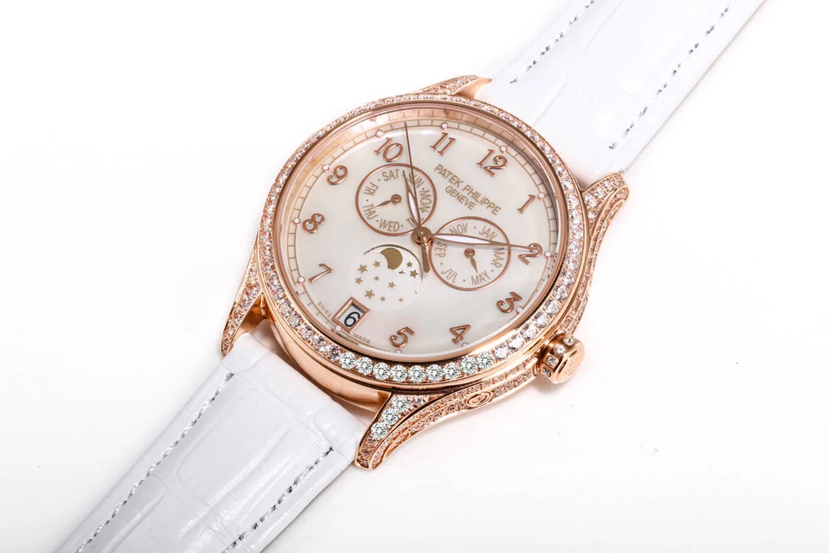 Complications 4948G Annual Calendar Moonphase MOP Dial in White Pink on Leather Strap