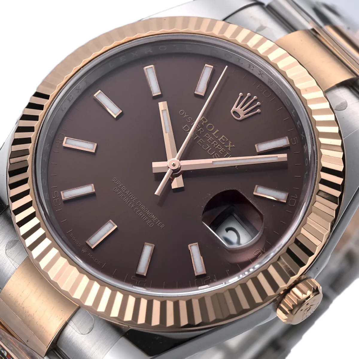Datejust 41 126331 Chocolate Dial Stick Markers in Everose/Steel on Oyster Bracelet