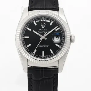 Day-Date 36 Black Dial in White Gold on Leather Strap