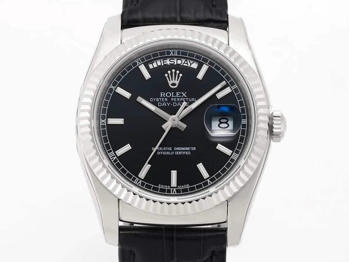 Day-Date 36 Black Dial in White Gold on Leather Strap