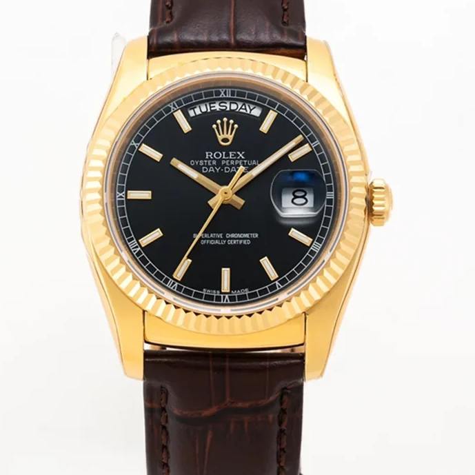 Day-Date 36 Black Dial in Yellow Gold on Leather Strap