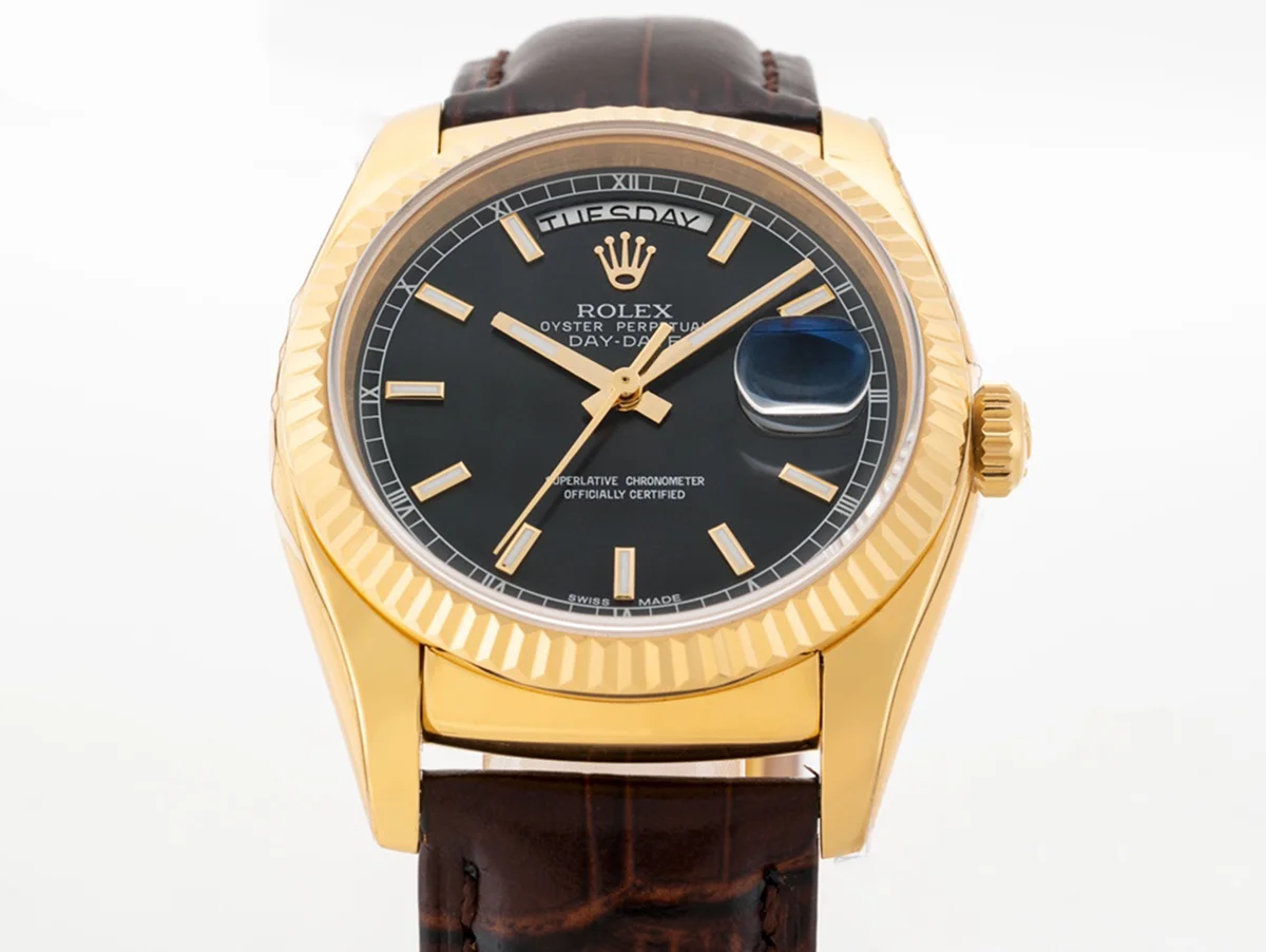 Day-Date 36 Black Dial in Yellow Gold on Leather Strap