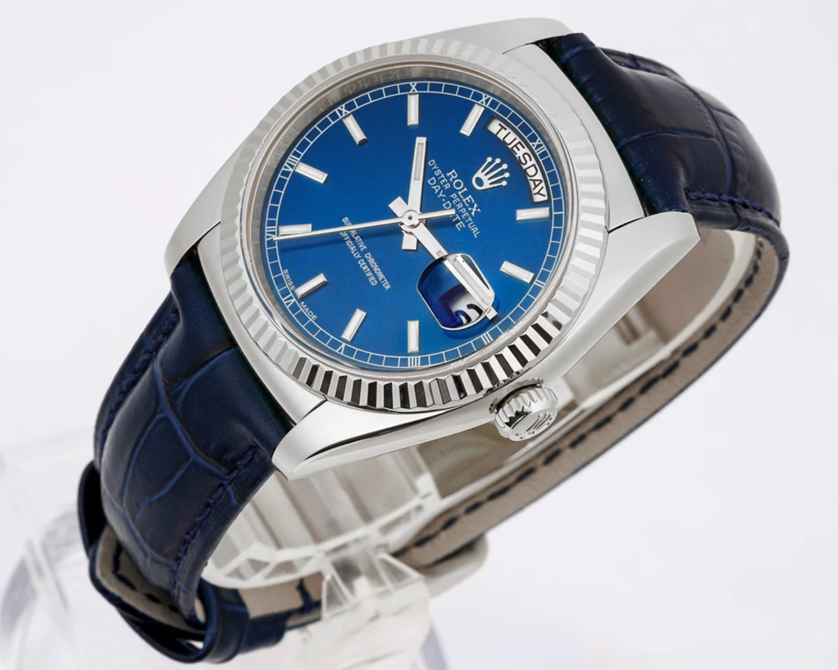 Day-Date 36 Blue Dial in White Gold on Leather Strap