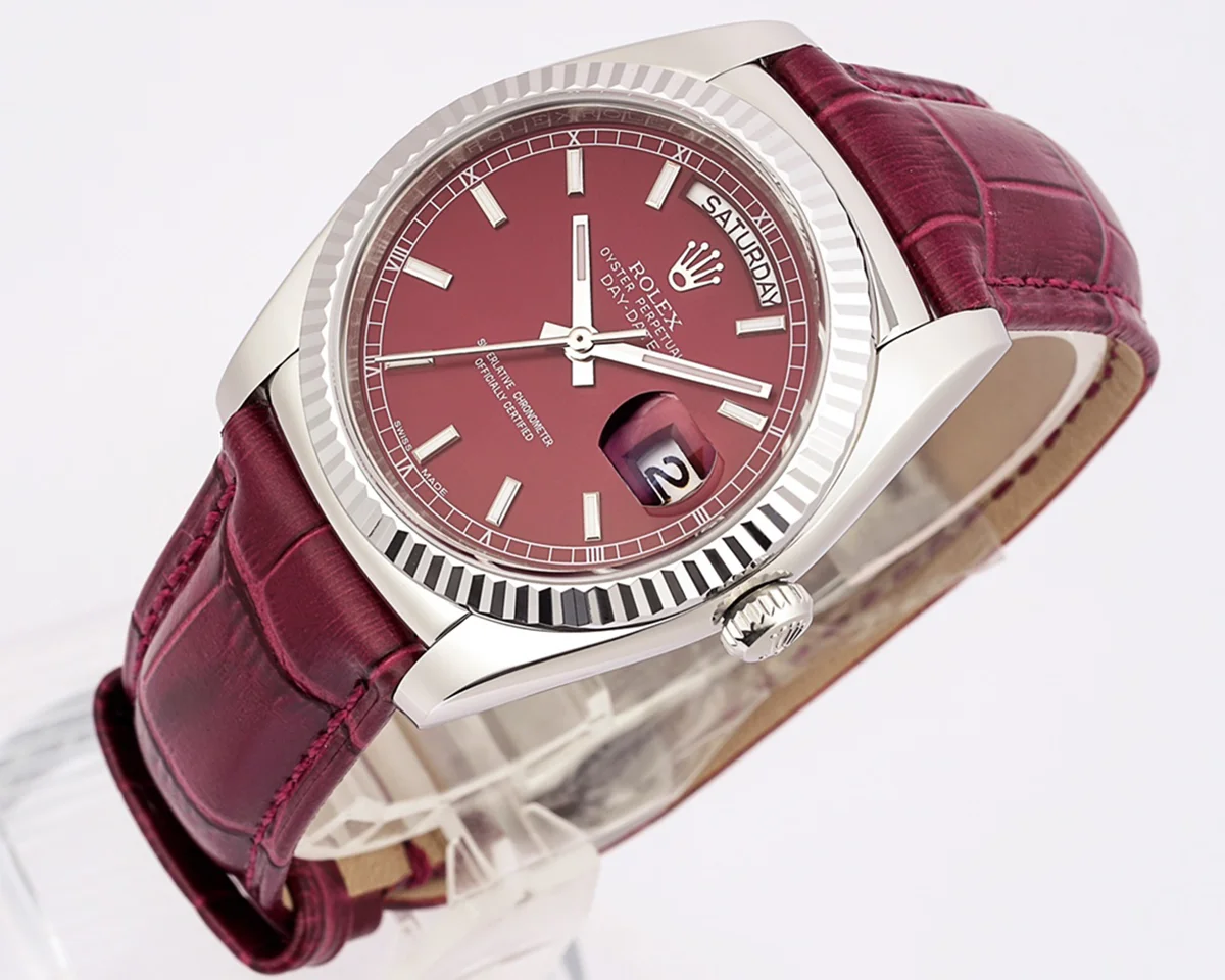 Day-Date 36 Red Dial in White Gold on Leather Strap