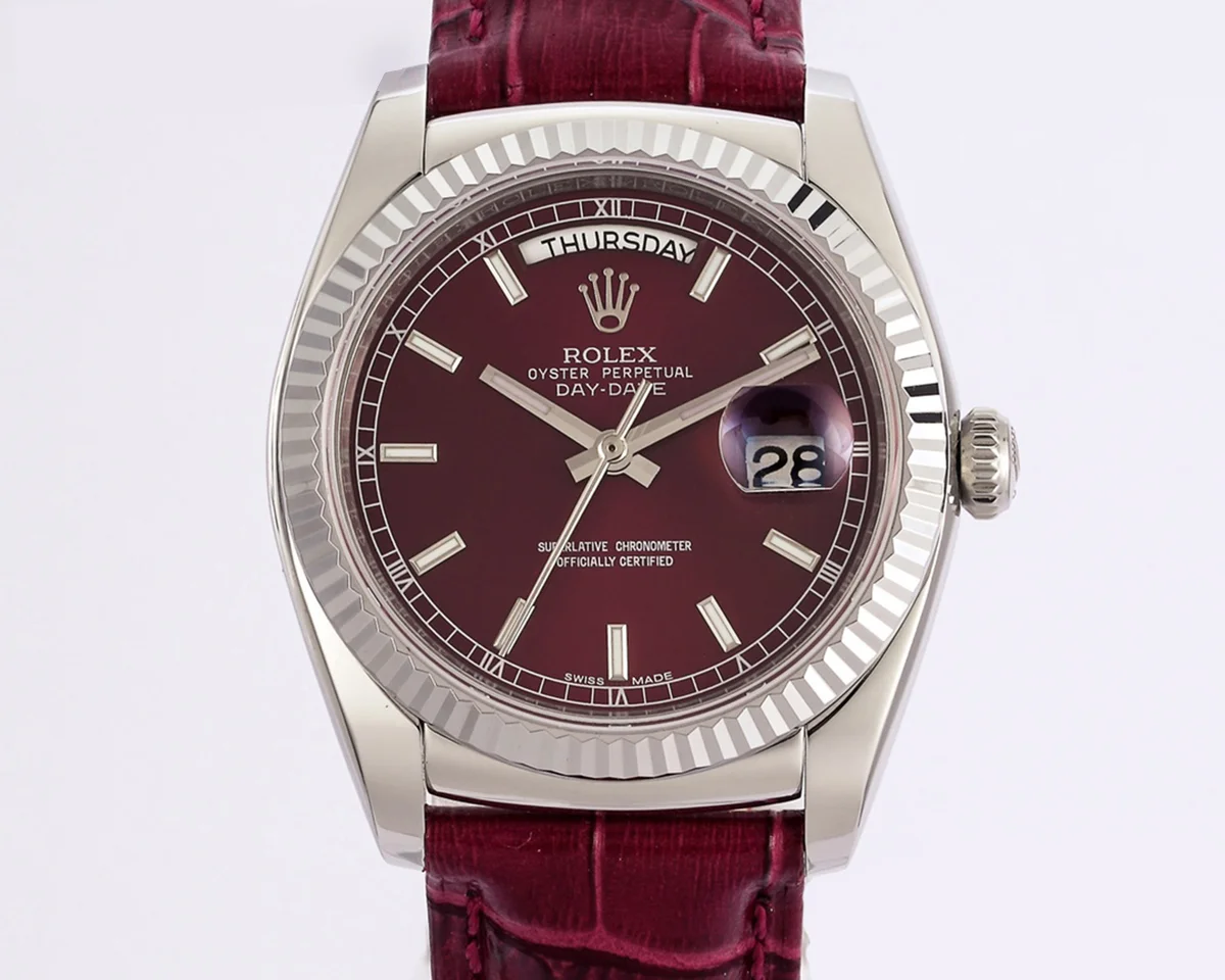Day-Date 36 Red Dial in White Gold on Leather Strap