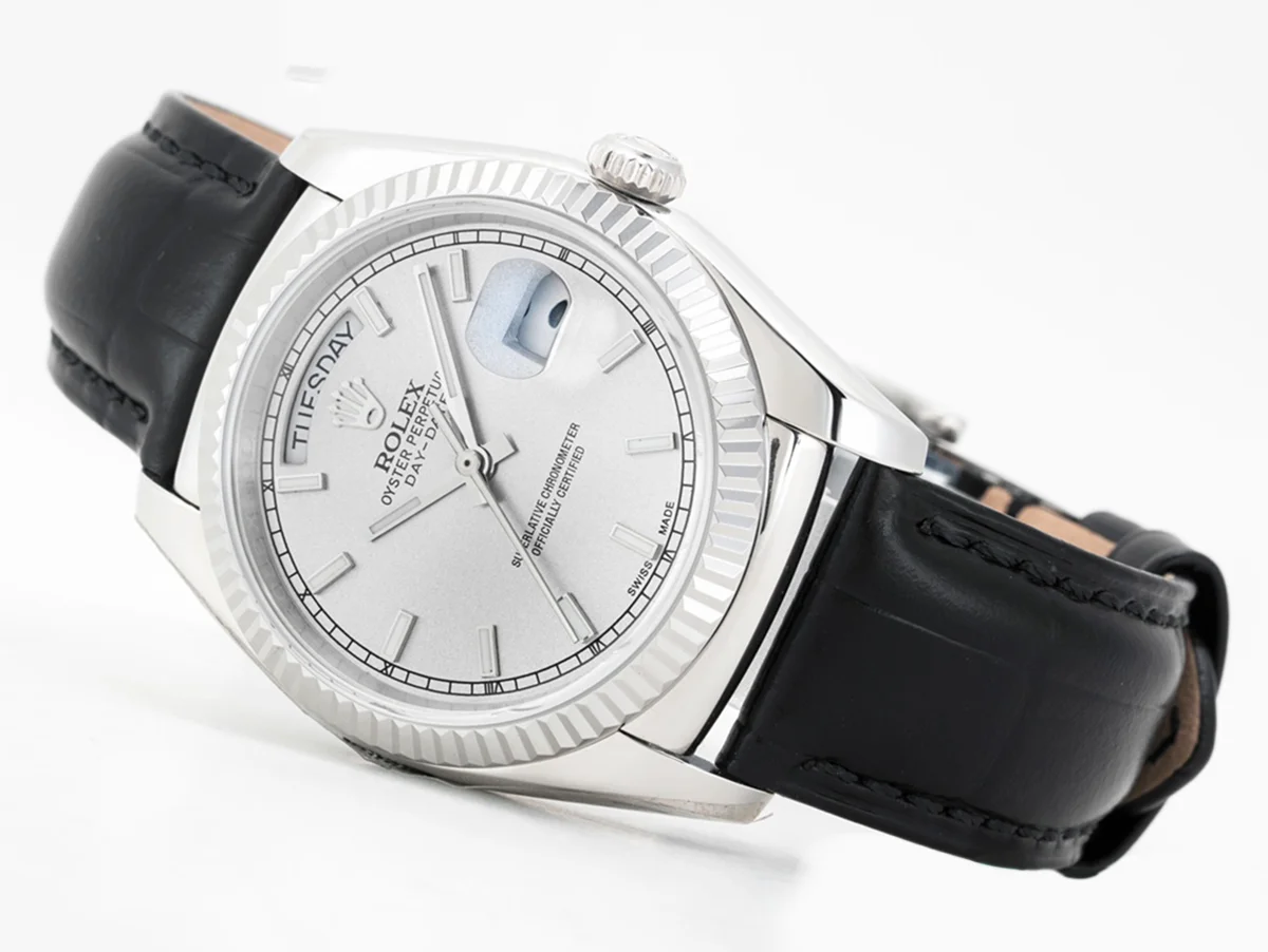 Day-Date 36 Silver Dial in White Gold on Leather Strap