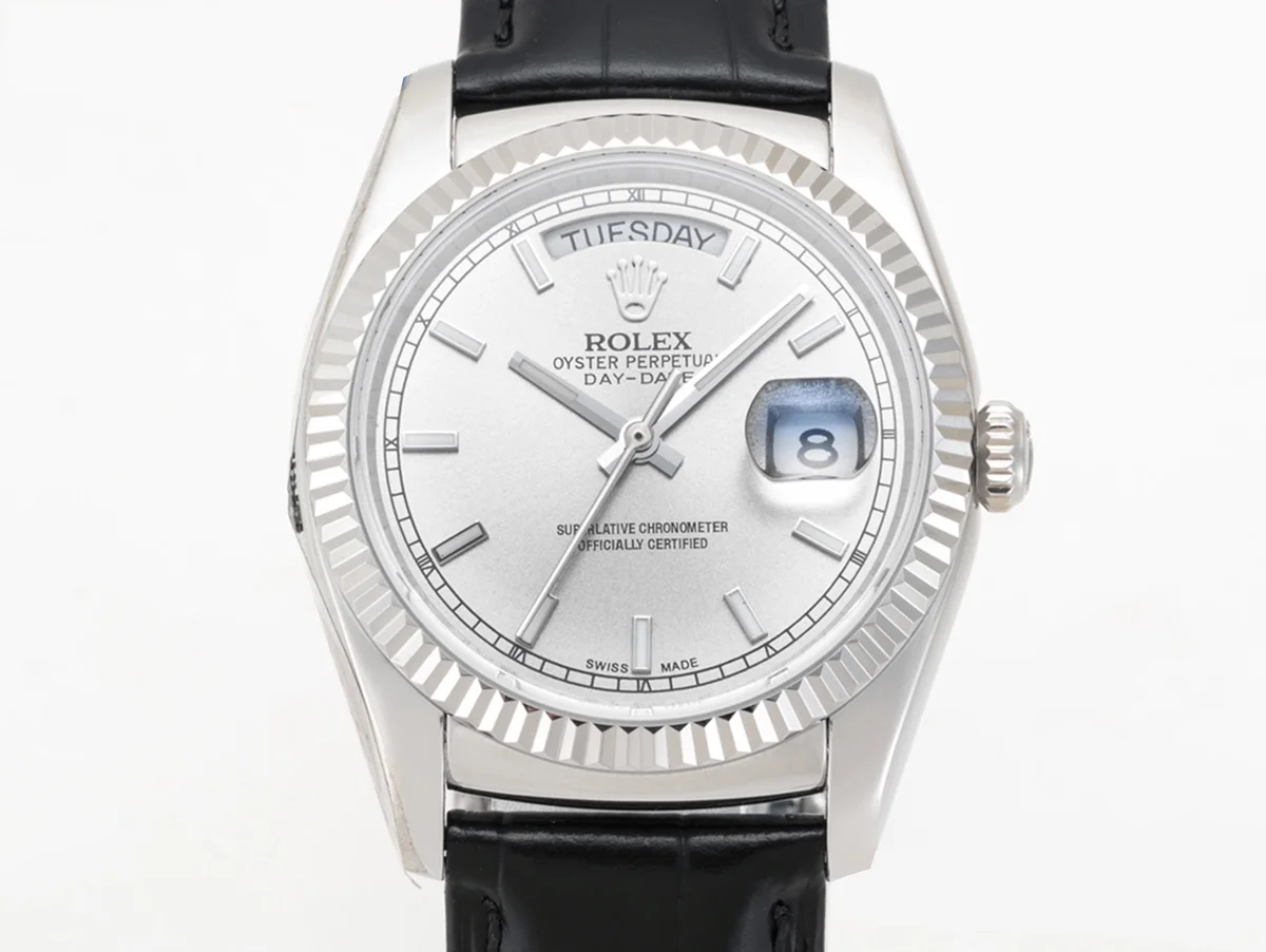 Day-Date 36 Silver Dial in White Gold on Leather Strap