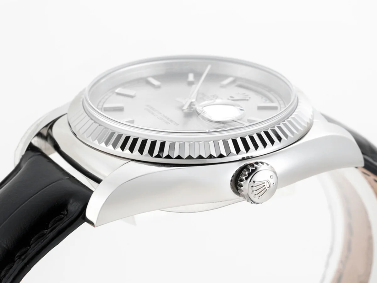 Day-Date 36 Silver Dial in White Gold on Leather Strap