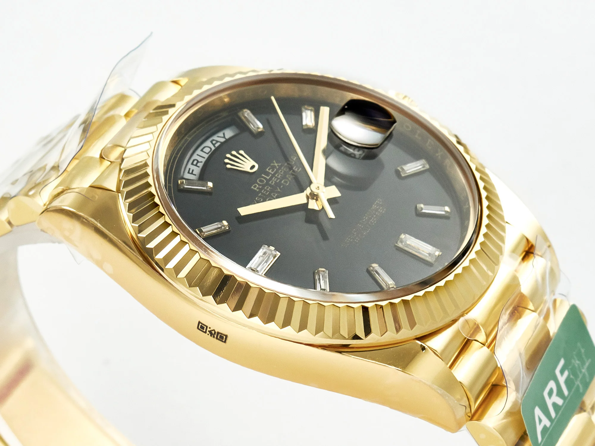 Day Date 40 228238 ARF 904L Steel Black Crystal Diamonds Bezel on President Bracelet VR3255