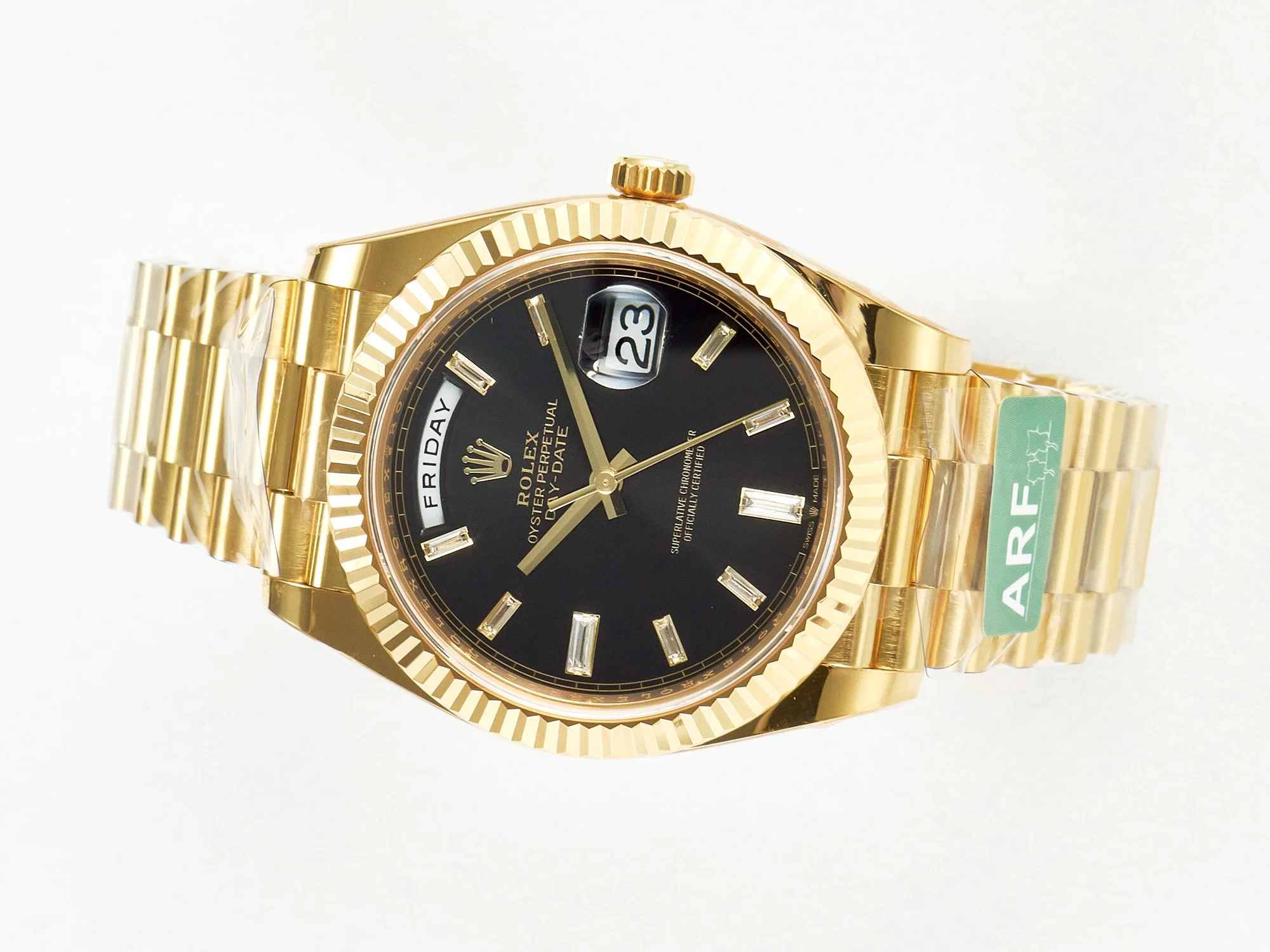 Day Date 40 228238 ARF 904L Steel Black Crystal Diamonds Bezel on President Bracelet VR3255