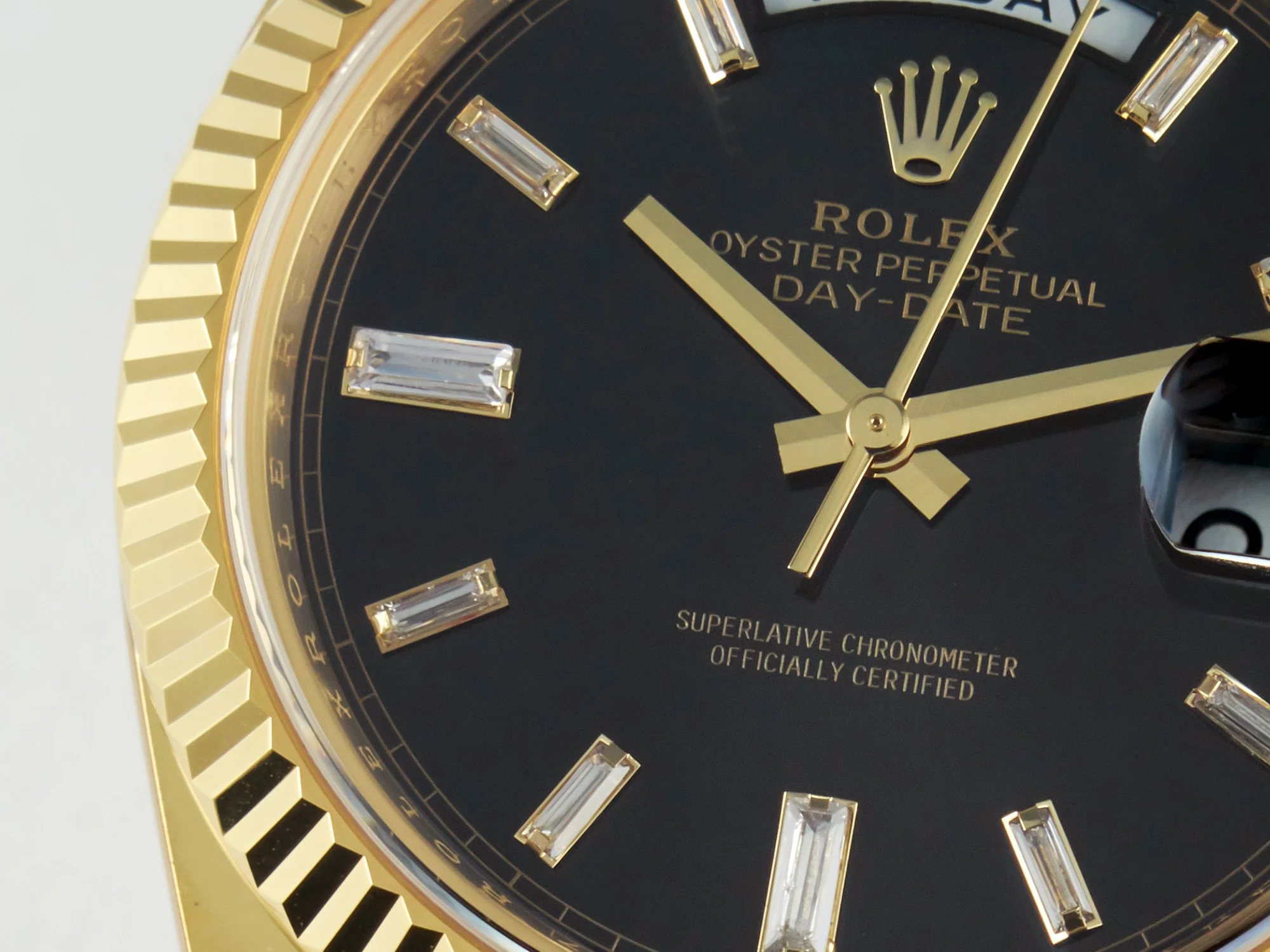 Day Date 40 228238 ARF 904L Steel Black Crystal Diamonds Bezel on President Bracelet VR3255