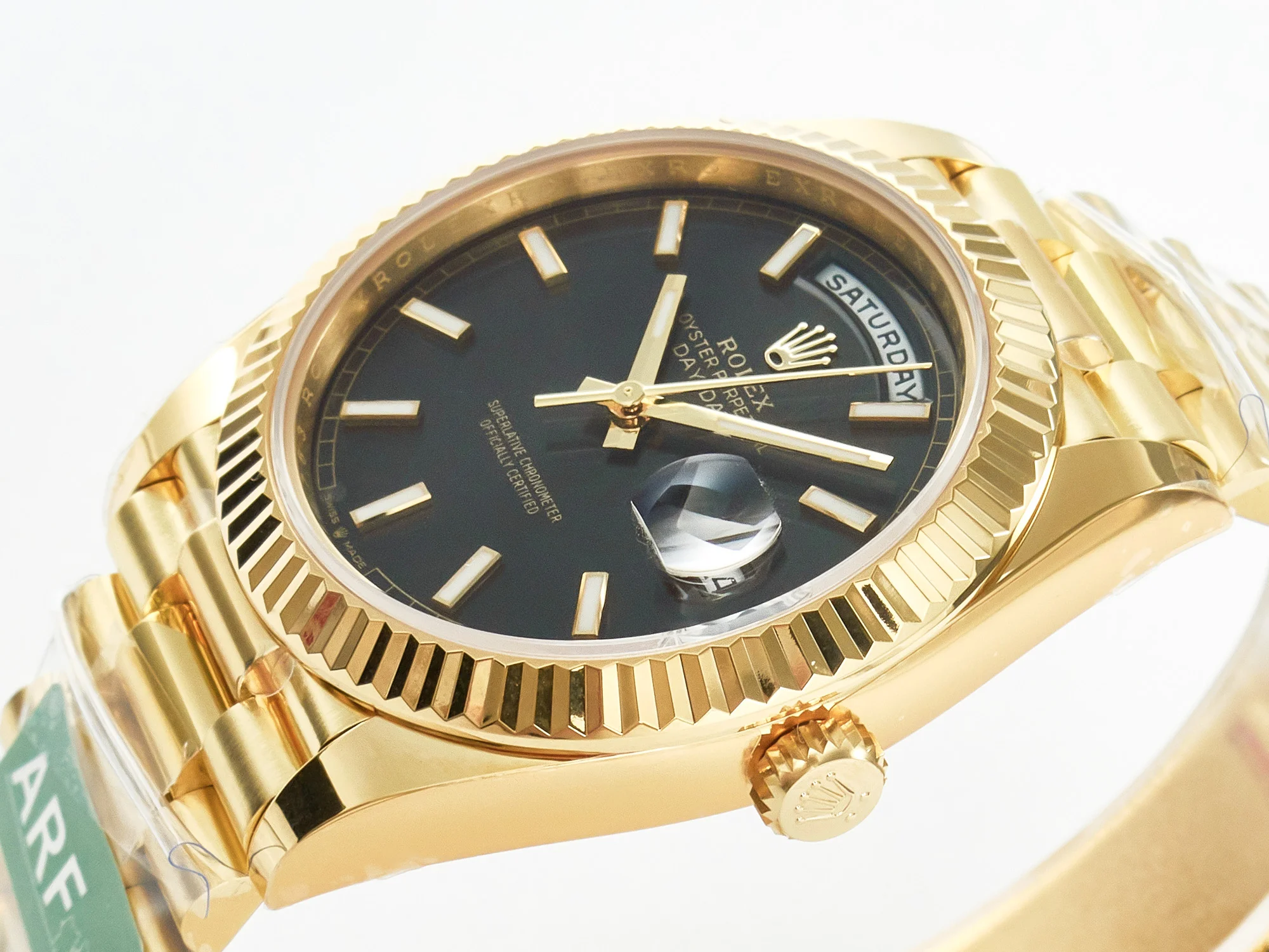 Day Date 40 228238 ARF 904L Steel Black Stick Dial on President Bracelet VR3255