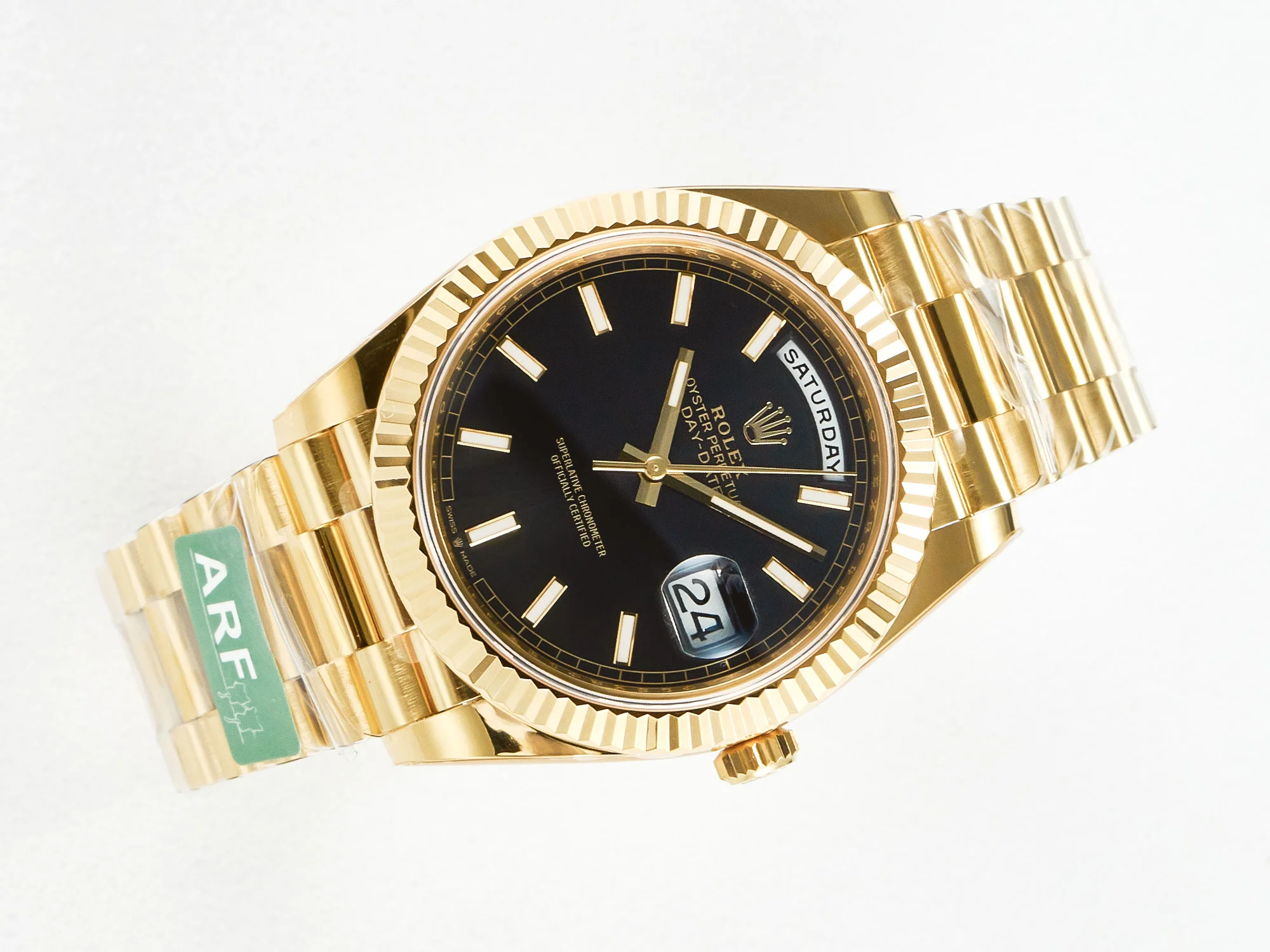 Day Date 40 228238 ARF 904L Steel Black Stick Dial on President Bracelet VR3255