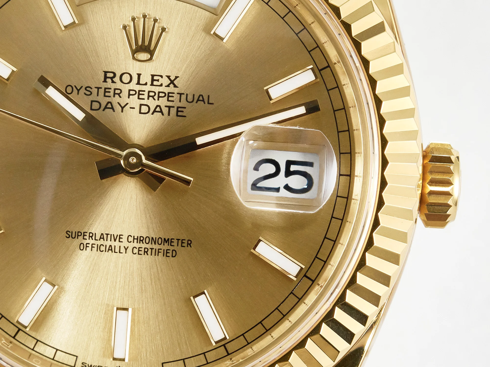 Day Date 40 228238 ARF 904L Steel Gold Stick Dial on President Bracelet VR3255