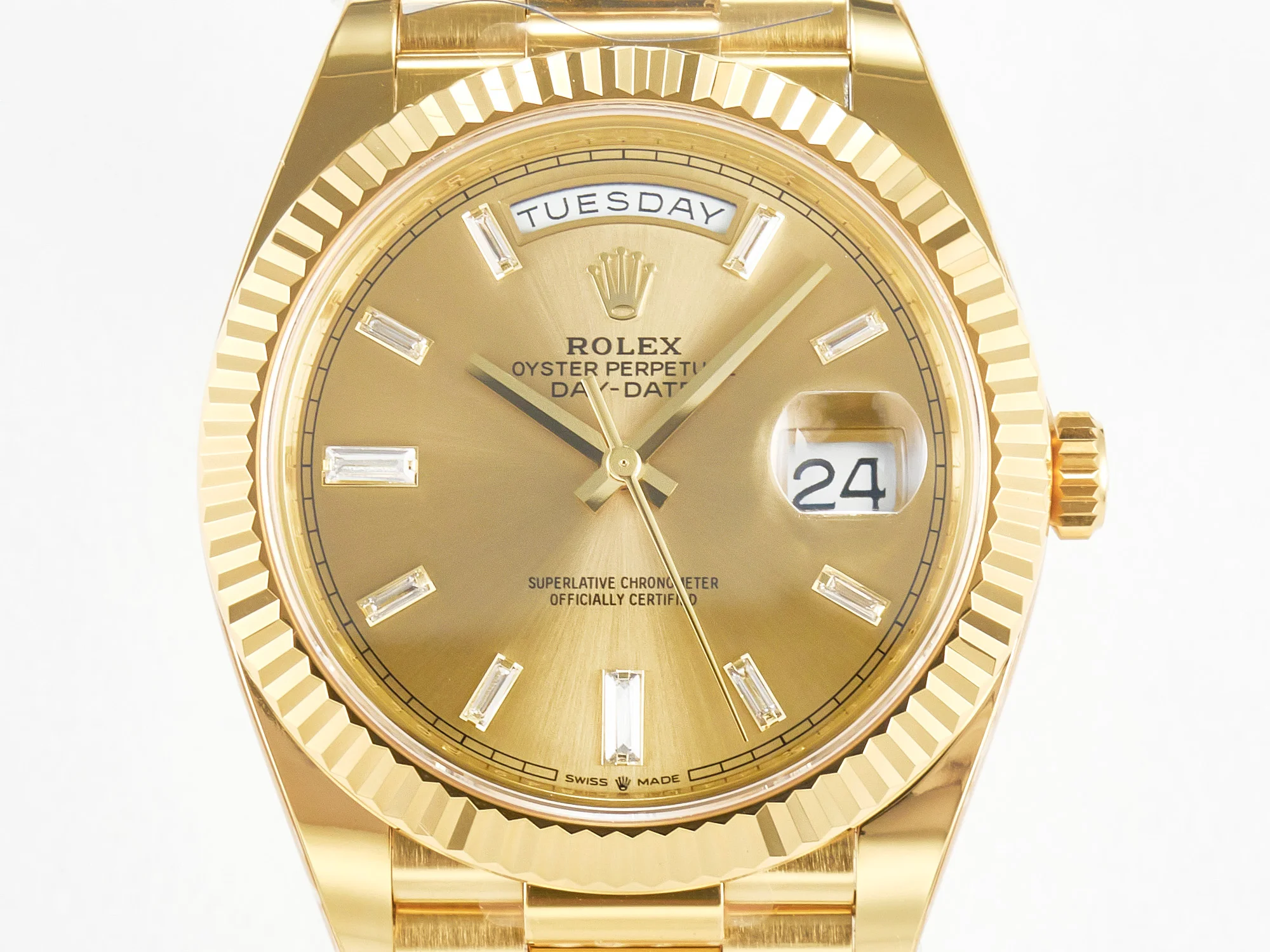 Day Date 40 228238 ARF 904L Steel YG Crystal Diamonds Bezel on President Bracelet VR3255