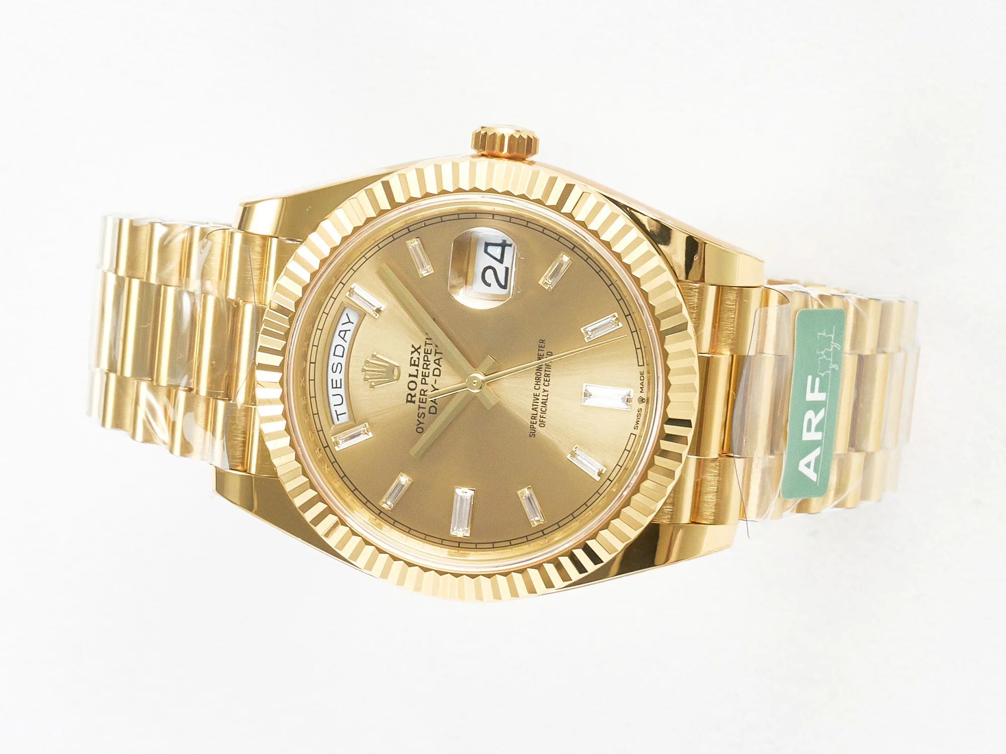 Day Date 40 228238 ARF 904L Steel YG Crystal Diamonds Bezel on President Bracelet VR3255