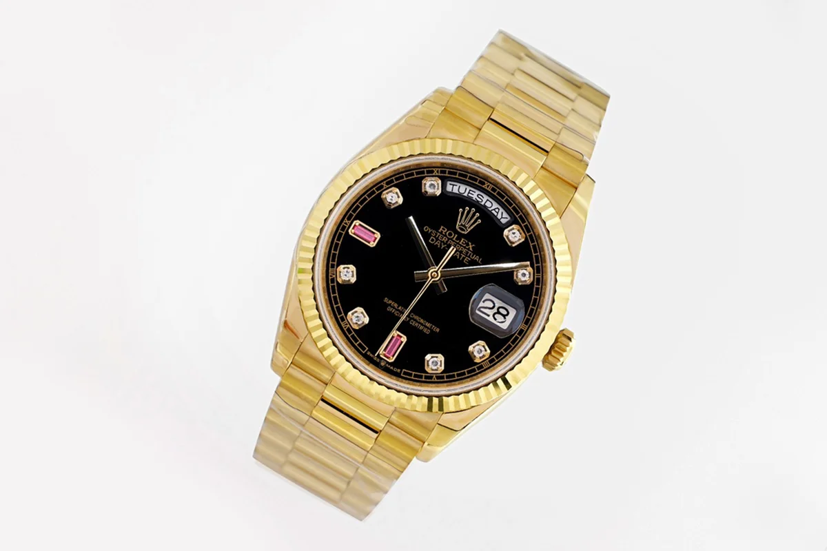Daydate 36 128238 Black Dial in Yellow Gold